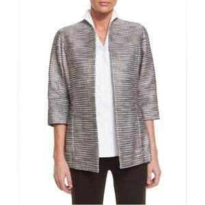 Misook Silver Linings Metallic Jacket Stripe‎ Woven Cotton Swing Open Front L